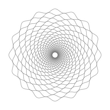 Konsantrik süs dokusu. Grafiksel çiçek şekli. Harmonik simetrik kablo elementi. Spirograf şablonu. Yuvarlak Guilloche çerçevesi beyaz arka planda izole edilmiş. Vektör özet çizimi