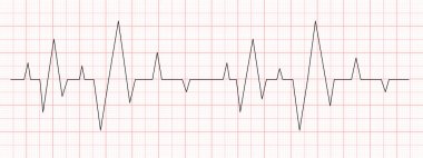 Kırmızı grafik kağıdında siyah kalp atışı diyagramı. Elektrokardiyogram şeması. Kalp ritmi çizgisi. Kardiyo testi işareti. Kardiyoloji hastanesinin sembolü. Vektör grafik illüstrasyonu