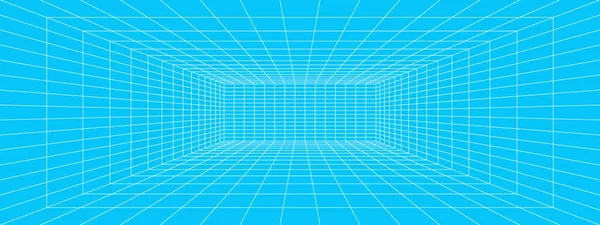 矩形房间白色线框在蓝色背景的透视 工作室 门户或箱体网格结构 建筑或技术等距方案 矢量图形说明 — 图库矢量图片