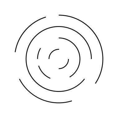 Çember dalga ikonu. Beyaz arka planda izole edilmiş çift merkezli aralıklı çizgiler. Girdap sembolü, sonar dalgası, ses dalgası, güneş patlaması, sinyal işaretleri. Vektör grafik illüstrasyonu