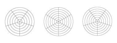 Eşit sektörlere bölünmüş eşmerkezli daireleri olan yuvarlak diyagramlar. Turta radar şeması, yaşam çarkı ya da alışkanlık şablonu beyaz arka planda izole edilmiş. Vektör grafik illüstrasyonu