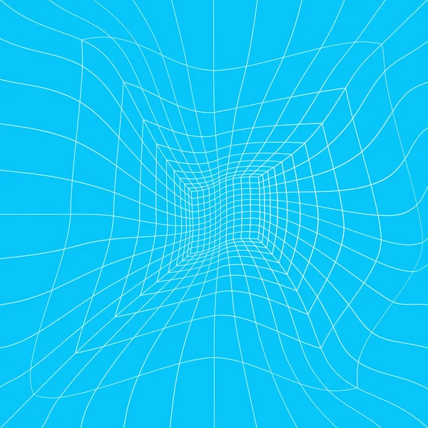 Verzerrte Weiße Quadratische Raumdrahtgitter Perspektive Auf Blauem Hintergrund Flur Studio — Stockvektor