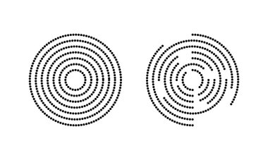 Dairesel dalgalanma simgeleri. Beyaz arka planda izole edilmiş bütün ve bölünmüş polka noktalı çizgileri olan eş merkezli daireler. Girdap, sonar ve ses dalgası, güneş patlaması, sinyal işaretleri. Vektör grafik illüstrasyonu