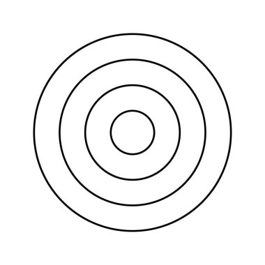 Beyaz arka planda izole edilmiş eş merkezli daireler. Dairesel dalga ikonu. Girdap, sonar dalgası, ses dalgası, güneş patlaması, radyo sinyali, hedef alma, acı işaretleri. Vektör grafik illüstrasyonu