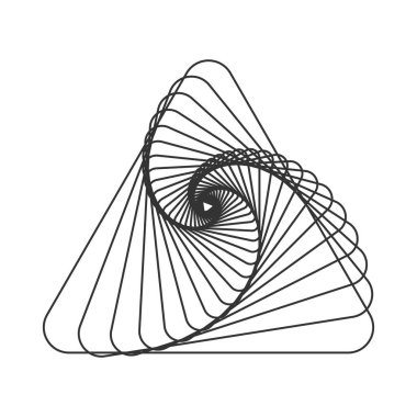 Spiral üçgenler. Prizma ya da piramit şeklinde. Delta sembolü tasarımı. Dinamik optik illüzyon. Geometrik öge beyaz arkaplanda izole edildi. Vektör grafik illüstrasyonu.
