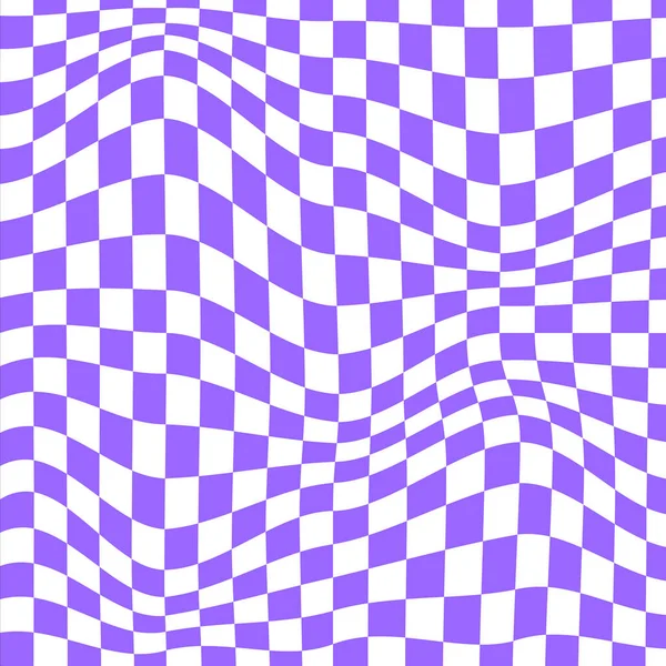 迷幻图案与扭曲的紫色和白色正方形 扭曲的棋盘背景 Dizzy检查了Y2K风格的光学错觉 跳跳棋盘表面 矢量说明 — 图库矢量图片
