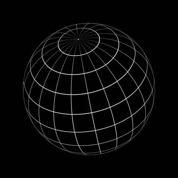 黒の背景に隔離された白い3D球のワイヤーフレーム オーブモデル 球状形状 グリッドボール 経度と緯度 平行線と子午線で地球の地球の図 ベクトルグラフィックイラスト — ストックベクタ