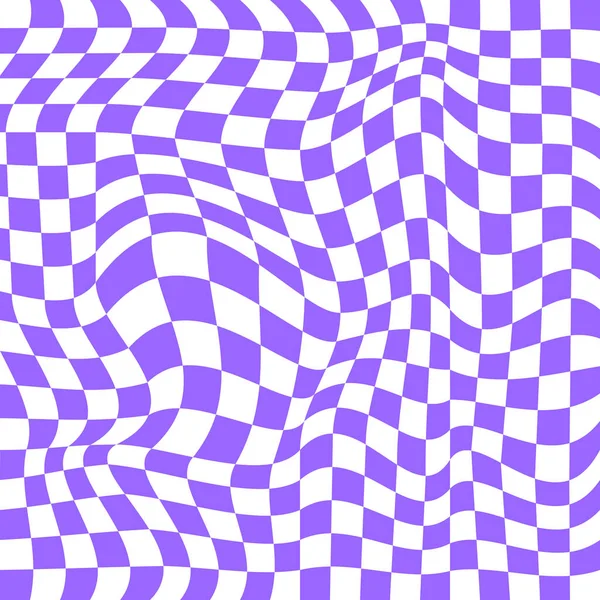 扭曲的棋盘表面 以2Yk风格的光学幻影 迷幻的眩晕图案与扭曲的紫色和白色正方形 跳跳跳跳棋盘背景 矢量平面插图 — 图库矢量图片