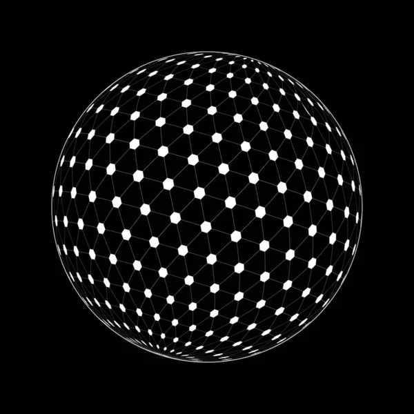 黑色背景上的白色三维球体线框 带三角形和六边形的格子球 轨道球体模型 未来主义的全球形象 矢量概要说明 — 图库矢量图片