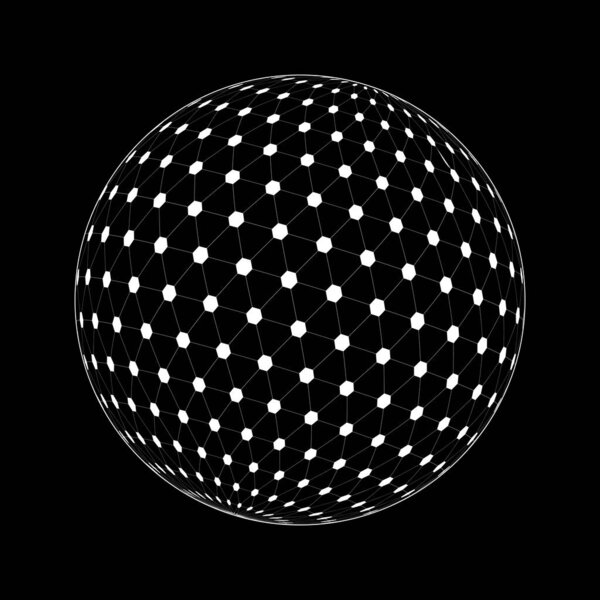 White 3D sphere wireframe on black background. Grid ball with triangles and hexagons. Orbit spherical model. Futuristic globe figure. Vector outline illustration.