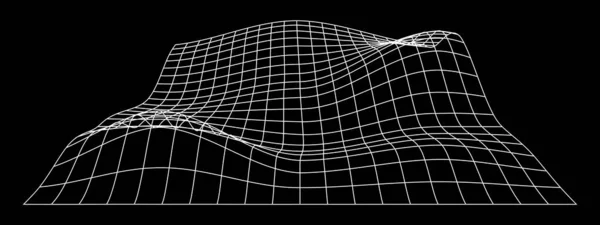 黑色背景上的白色地形线框 浮雕网状结构 网格透视变形 扭曲的晶格表面 矢量图形说明 — 图库矢量图片