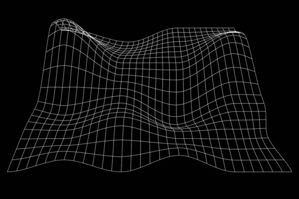 黒の背景に白い地形のワイヤーフレーム グリッドの視点変形 メッシュ状の救援構造 格子の質感が歪んでいる ベクトルグラフィックイラスト — ストックベクタ