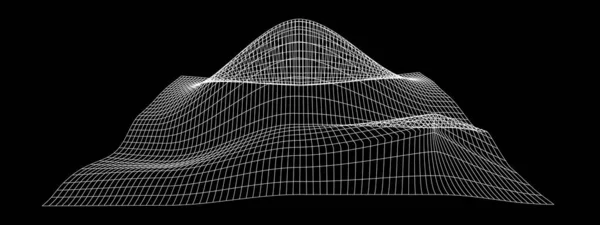 白色的网格在透视上变形了 黑色背景上的地形线框 浮雕网状结构 扭曲的网面 矢量图形说明 — 图库矢量图片