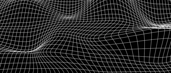 黑色背景上的白色网格失真 波纹表面 有弯曲效果的网 被检查的模式变形 弯曲格子质感 矢量图形说明 — 图库矢量图片