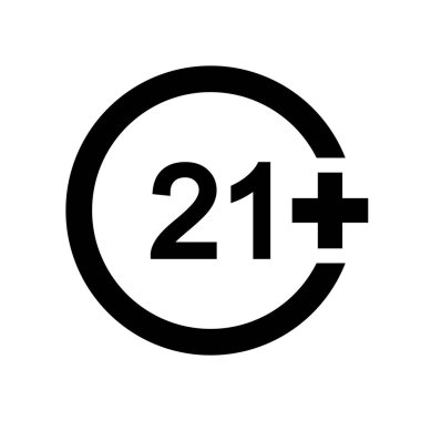 Yirmi bir artı ikon. 21 numara beyaz arka planda izole edildi. Yaş sansür sembolü. Film izleme ya da web sitesi ziyaret yaş sınırı etiketi. Yetişkin kavramı. Vektör grafik illüstrasyonu