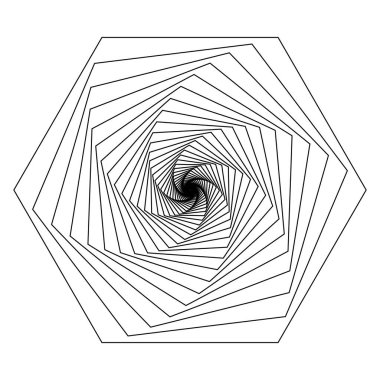 Bal peteği ya da altıgen dönüşümlü spiral şeklinde. Spirograf şablonu. Dinamik optik illüzyon. Geometrik öge beyaz arkaplanda izole edildi. Vektör grafik illüstrasyonu