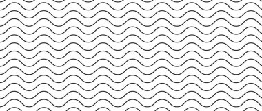 Yatay dalgalı çizgiler arka plan. Paralel siyah ve beyaz dalgalı şerit deseni. Sıvı, deniz, okyanus, nehir, göl dalgalı dokusu. Rüzgar, temiz hava, akış minimalistik grafik baskısı. Vektör illüstrasyonu