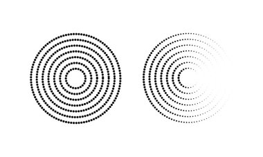 Dairesel dalgalanma simgeleri. Bütün ve noktalı çizgilerle eş merkezli daireler. Girdap, sonar dalgası, ses dalgası, güneş patlaması, beyaz arka planda izole edilmiş sinyal işaretleri. Vektör grafik illüstrasyonu.
