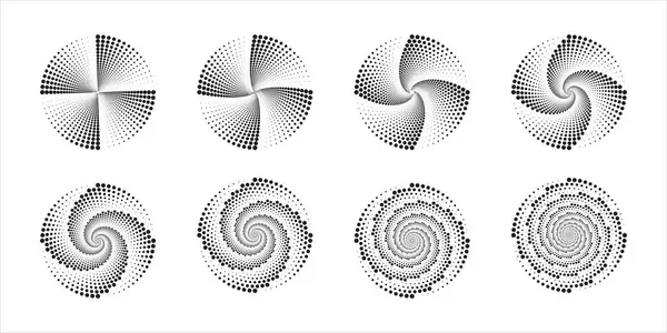 Dairesel dalgalanma simgeleri. Beyaz arka planda izole edilmiş benekli çizgileri olan eş merkezli daireler. Girdap, sonar dalgası, ses dalgası, girdap, kara delik işaretleri. Vektör grafik illüstrasyonu.