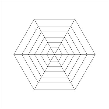 Altıgen diyagramı eşit parçalara bölünmüştür. İstatistik ya da analitik grafik, radar ya da örümcek şeması, yaşam çarkı ya da alışkanlık şablonu beyaz arka planda izole edilmiş. Vektör özet çizimi.