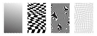 Çizgili, çarpık ve kıvrımlı arka planlar. Çarpık kareli psikedelik desenler, düz dalgalı çizgiler. 60 'lı yılların modası geçmiş 80' lerin 2000 'li yılların moda posterleri. Vektör düz resimleme.