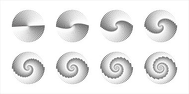 Beyaz arka planda izole edilmiş kıvrımlı noktalı çizgileri olan eş merkezli daireler. Dairesel dalgalanma simgeleri. Girdap, kasırga, sonar dalgası, ses dalgası ya da işaret levhası. Vektör grafik illüstrasyonu.