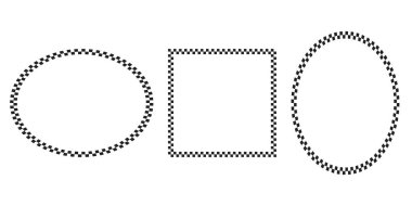 Oval, kare ve dairesel çerçeveler ve kareli parmak izleri. Dama tahtası, rali bayrağı ya da beyaz arka planda izole edilmiş satranç oyunu desenli eliptik, dikdörtgen ve yuvarlak vignetteler. Vektör ilhanesi.