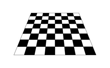Boş satranç tahtası perspektifli. Döşemeli zemin bakış açısı. Eğimli dama tahtası dokusu. Siyah beyaz kareli baskılı tahta. Vektör grafik illüstrasyonu.