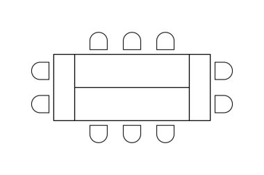 Konferans masası ve sandalyeler üst görünüm simgeleri. İş yeri mi yoksa daha kötü bir iç mekan planı mı? Toplantı, seminer ya da antrenman, ziyafet ya da etkinlik için koltuk düzenlemeleri. Vektör grafik illüstrasyonu.