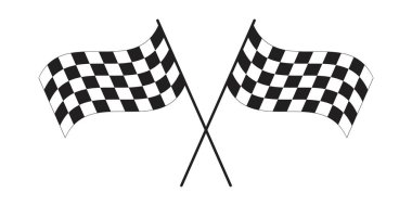 Damalı parmak iziyle yarış bayraklarını çapraz sallıyor. Spor araba yarışmalarındaki sembolleri başlat ya da bitir. Beyaz arka planda mitingler ya da motokroslar izole edildi. Zafer sembolü. Vektör düz resimleme.