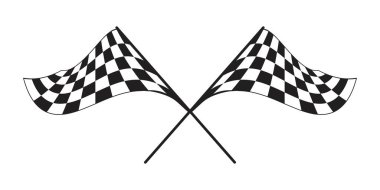 Dişli siyah beyaz desenli iki çapraz sarmal yarış bayrağı. Spor araba yarışmalarında başlangıç ya da bitiş sembolü. Ralli veya motokros aksesuarları. Zafer ya da başarı işareti. Vektör grafik illüstrasyonu.