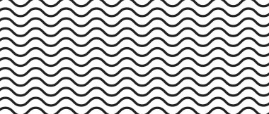 Yatay dalgalı çizgiler. Siyah beyaz dalgalı desenli bir arka plan. Paralel kavisli şerit dokusu. Nehir, deniz ya da okyanus izi. Minimalist duvar kağıdı. Vektör grafik illüstrasyonu.