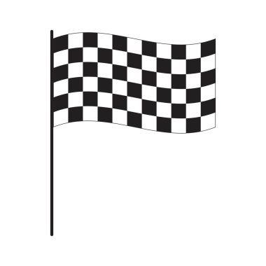 Beyaz arka planda kareli desenli dalgalı yarış bayrağı. Spor araba yarışmalarında başlangıç ya da bitiş sembolü. Ralli veya motokros aksesuarları. Zafer, kupa ya da başarı işareti. Vektör illüstrasyonu.
