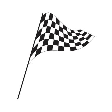 Waving race flag on stick with chequered black and white print. Start or finish symbol on sport car competitions. Rally or motocross prop isolated on white background. Vector graphic illustration.