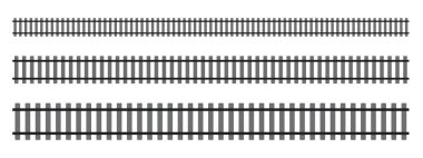 Set of railroad segments. Rail road elements top view. Train track straight lines isolated on white background. Fence or stairs texture. Vector graphic illustration.