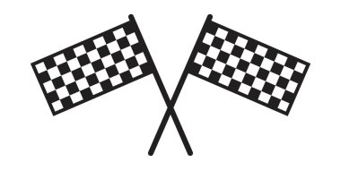 Crossed race flags on sticks. Start and finish sport car competition banner with checkered black and white pattern. Motocross, rally, auto marathon championship sign. Vector graphic illustration.