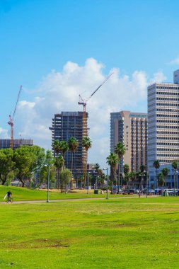 İsrail, Tel Aviv - 23 Eylül 2024: Tel Aviv 'deki bir parktaki yüksek otel binalarının manzaralı yeşil çimenliği. Huzurlu ortam doğa ve modern mimariyi birleştirir..