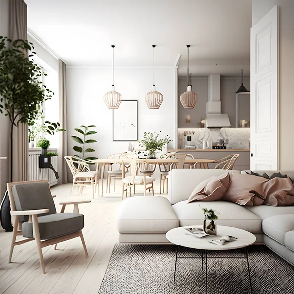 Interior design of modern scandinavian apartment, living room with beige sofa and dining room, panorama 3d rendering