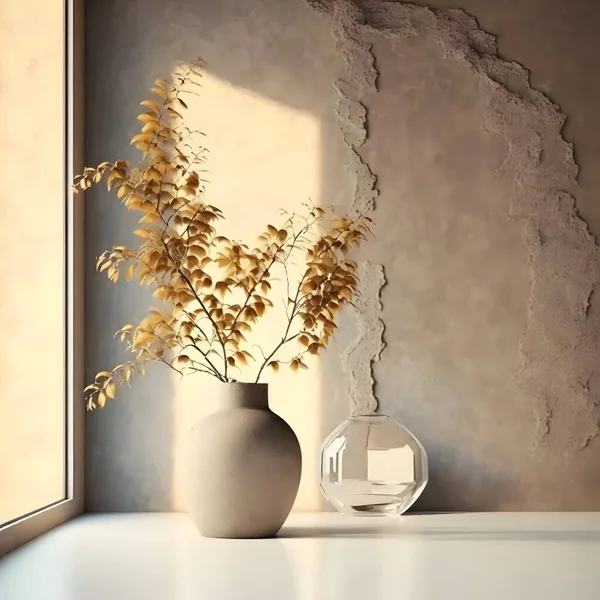 Interior background of room with beige stucco wall and glass vase with branch 3d rendering 2