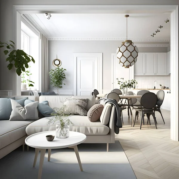 Interior design of modern scandinavian apartment, living room 3d rendering