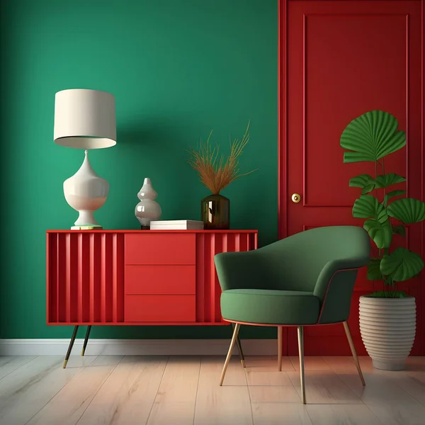 Interior of modern living room with sideboard over green wall. Contemporary room with dresser and red armchair. Home design with curtain. 3d rendering