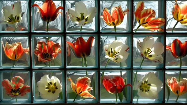 Canlı çiçek resimlerinden oluşan büyüleyici bir kolaj. Doğanın çiçeklerinin çeşitli renklerini ve güzelliklerini gösteriyor..