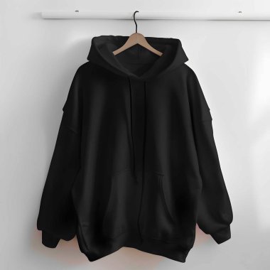 Hafif arka planda basit siyah kanguru kapüşonlusu. Marka ya da tasarım için modelle