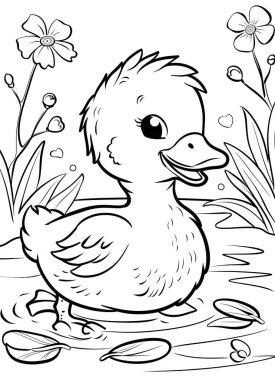 Çocuk için siyah-beyaz renkli kitap, komik ördek, basit çizgi film tarzı, arka plan, gölgeleme yok, gürültü yok, ar 23