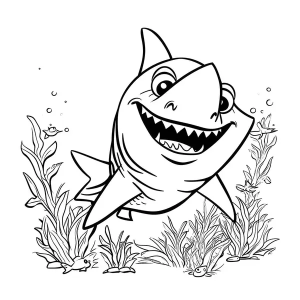 Şirin deniz köpekbalığı, çocuk boyama kitabı, siyah çizgiler, siyah gölge yok, beyaz arka plan, keskin çizgiler, kalın çizgiler, denizin altında gölgeler yok.,