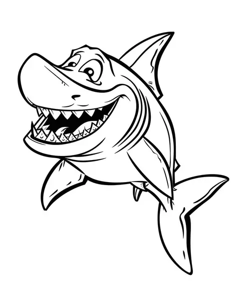 Şirin deniz köpekbalığı, çocuk boyama kitabı, siyah çizgiler, siyah renk yok, beyaz arka plan, keskin çizgiler, kalın çizgiler, arka planda yosun, gölge yok.,