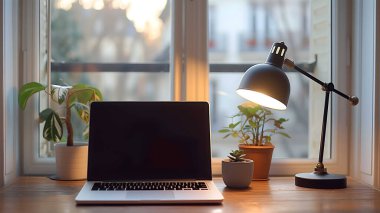 Laptop, belgeler, kalem tutacağı beyaz masada; modern ofis, sıcak turuncu renkler.