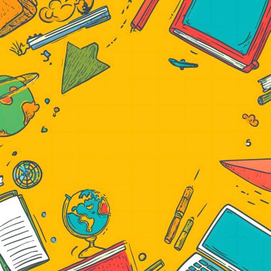 Seyahat eden temel ihtiyaçlara sahip başlık canlı sarı bir arka planda yatıyordu. Yaz tatili aksesuarları, güneş gözlükleri, parmak arası terlikler, güneş kremi, küçük yüzme yüzüğü, kadınsı mavi ve pembe paletli kabuklar..