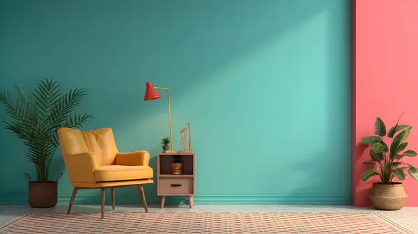 Modern İskandinav tarzı iç mekan ve sanat eserlerinin görüntüsü duvara yansıyor..