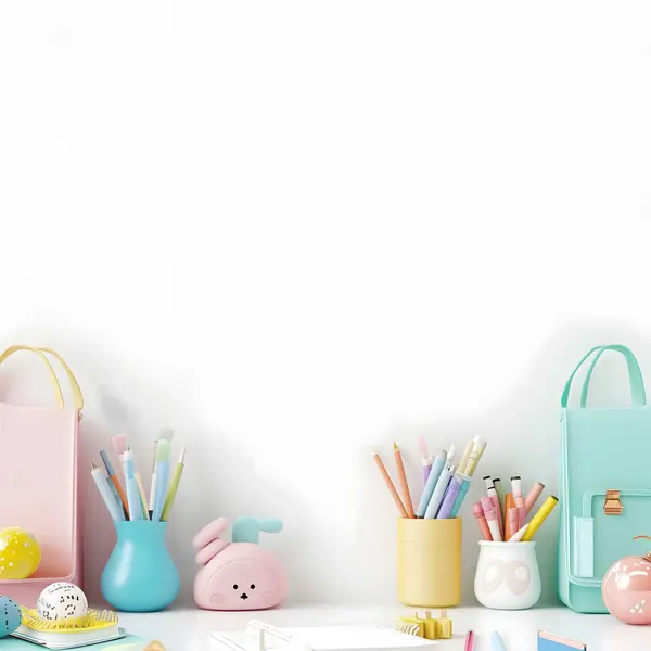 Beyaz arka planda izole edilmiş farklı kırtasiye malzemesi, düz. Mesaj için yer var. Aksesuarlar renkli bir model. Eğitim ya da Okul Konseptine Dönüş.